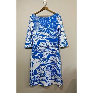 Parisou Dress Womens LARGE Blue White Tropical Vacay Resortwear Shift Drawstring